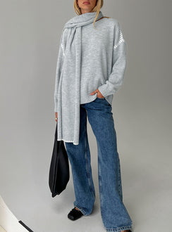 front view of model wearing Princess Polly Keriana Contrast Stitch Knit Sweater Grey / White Long 