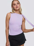 front view of model wearing Princess Polly Garland Top Purple Sleeveless Boat Neck 