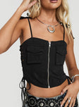 back view of model wearing Princess Polly Dalloren Denim Cargo Top Black Sleeveless Square Neck 