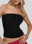 back view of model wearing Princess Polly Moneypenny Strapless Top Black Sleeveless straight 