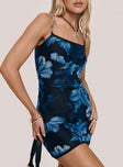 back view of model wearing Princess Polly Kellers Mini Dress Floral Black / Blue Square Neck 