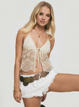 back view of model wearing Princess Polly Astona Lace Halter Cream Sleeveless Plunger 