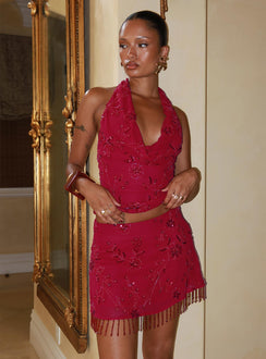 back view of model wearing Princess Polly Twilight Zone Beaded Mini Skirt Red Mini Skirts 