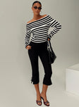 front view of model wearing Princess Polly Danyel Off The Shoulder Sweater Black / White Stripe Long 