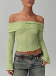 front view of model wearing Princess Polly Back With Love Off Shoulder Long Sleeve Top Green Full Sleeves straight 