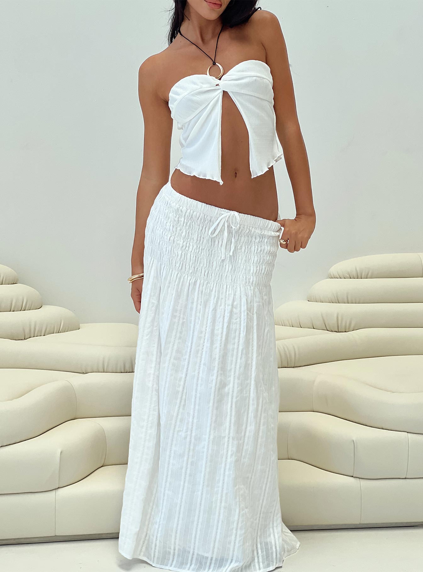 front view of model wearing Princess Polly Lose It Strapless Top White Sleeveless Sweetheart 