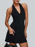 front view of model wearing Princess Polly Emanuela Halter Mini Dress Black V-Neck 