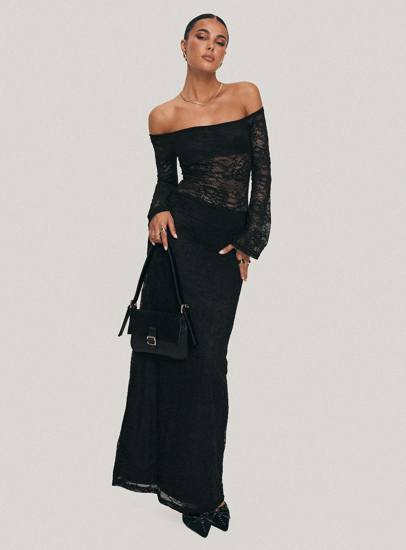 front view of model wearing Princess Polly Pinot Grigio Long Sleeve Lace Maxi Dress Black Straight Neck 