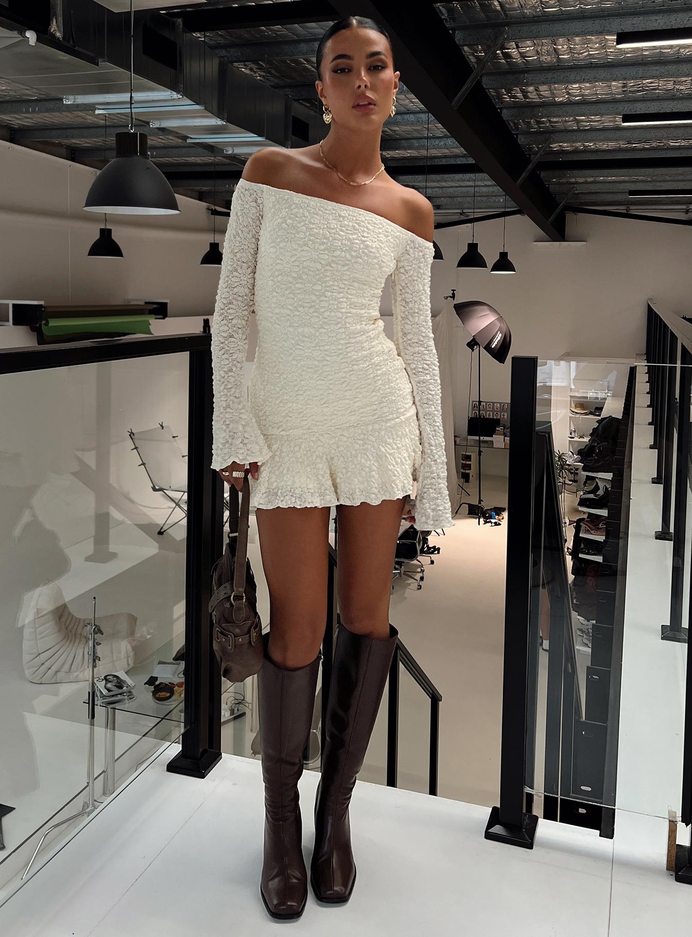 back view of model wearing Princess Polly Vancesca Strapless Mini Dress Cream Straight Neck 