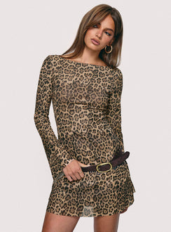 front view of model wearing Princess Polly Lukea Long Sleeve Mini Dress Leopard Boat Neck 