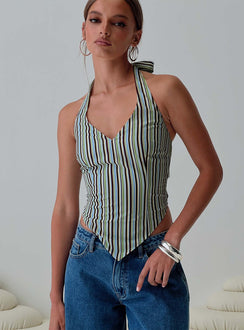 front view of model wearing Princess Polly High Gear Halter Top Multi Sleeveless V-Neck 