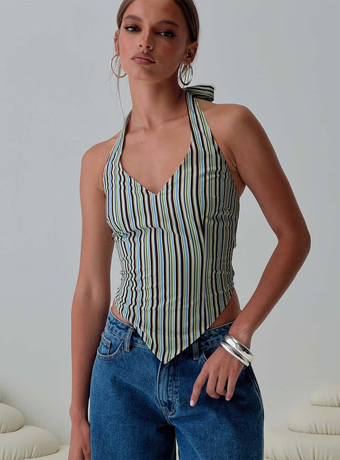 front view of model wearing Princess Polly High Gear Halter Top Multi Sleeveless V-Neck 