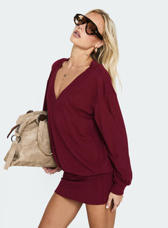 Solena Blouson V Neck Knit Mini Dress Burgundy