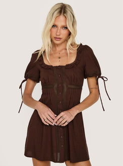 Indianah Pleat Lace Panel Mini Dress Chocolate