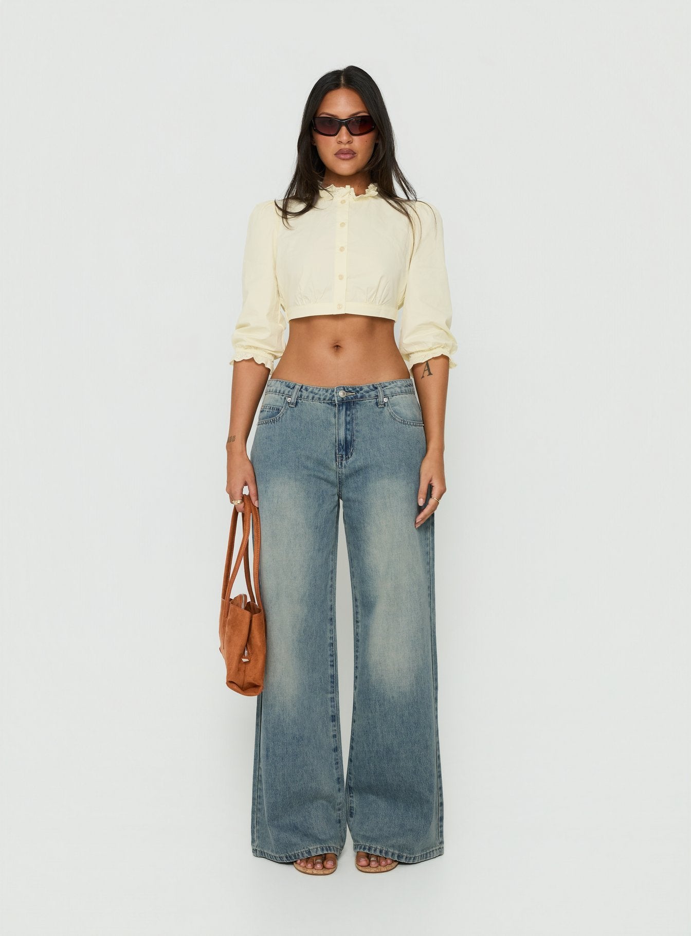 Karlos Low Rise Cinched Baggy Jeans Vintage Mid Blue Wash