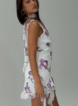 side view of model wearing Princess Polly Varney Frill Mini Dress White / Purple Floral Plunger 