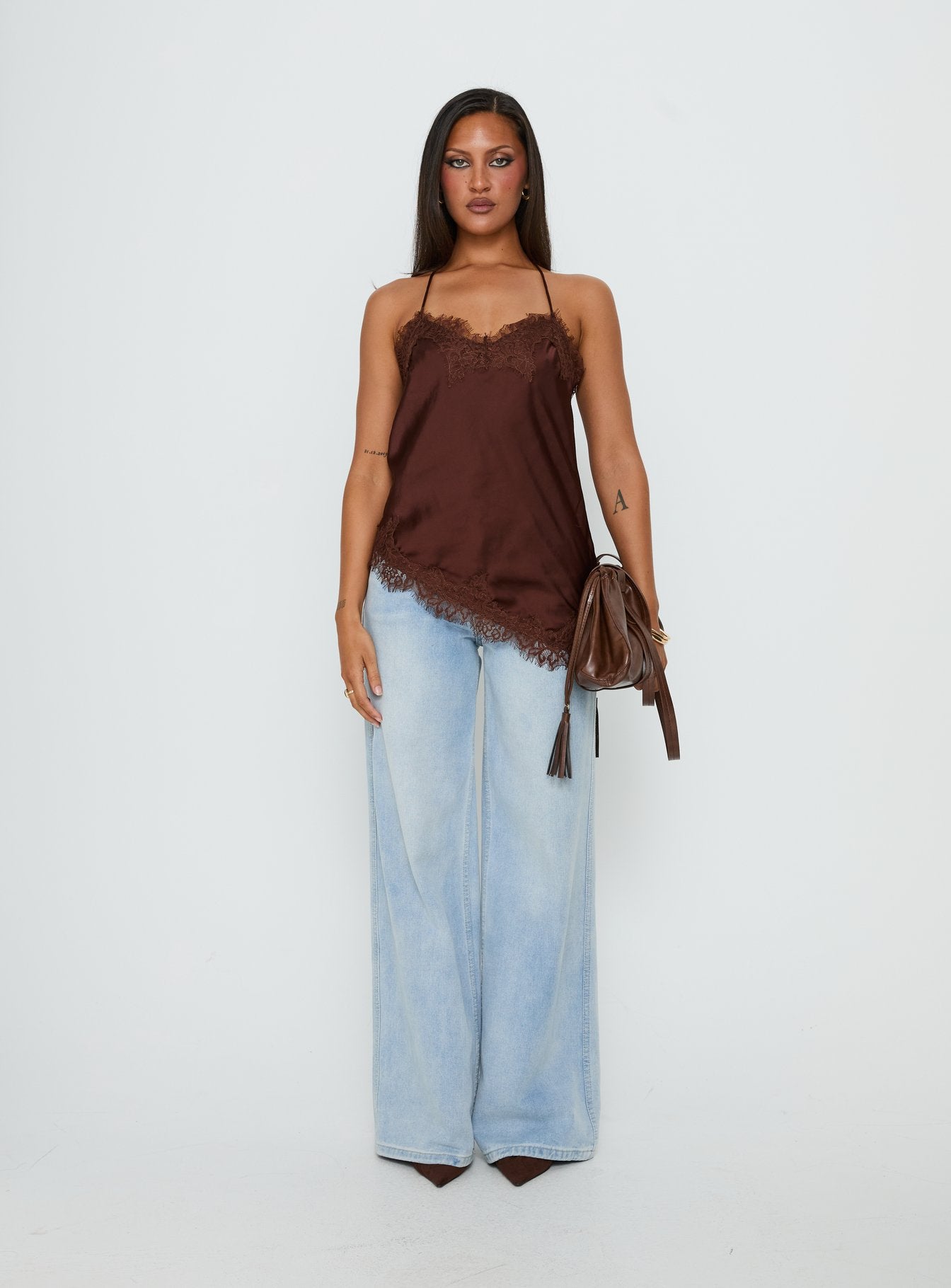 Cosetta Lace Trim Asysmmetrical Cami Top Chocolate | Princess Polly