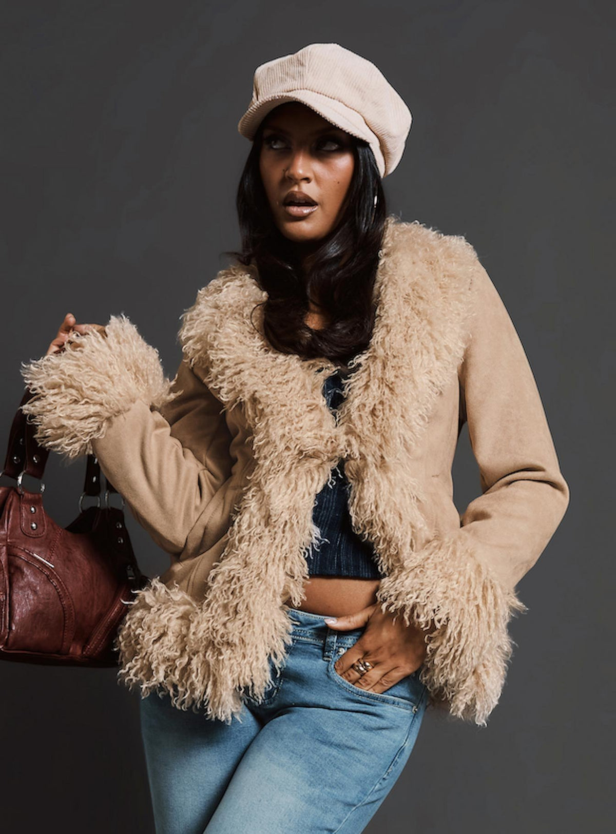 Natassia Faux Fur Jacket Beige