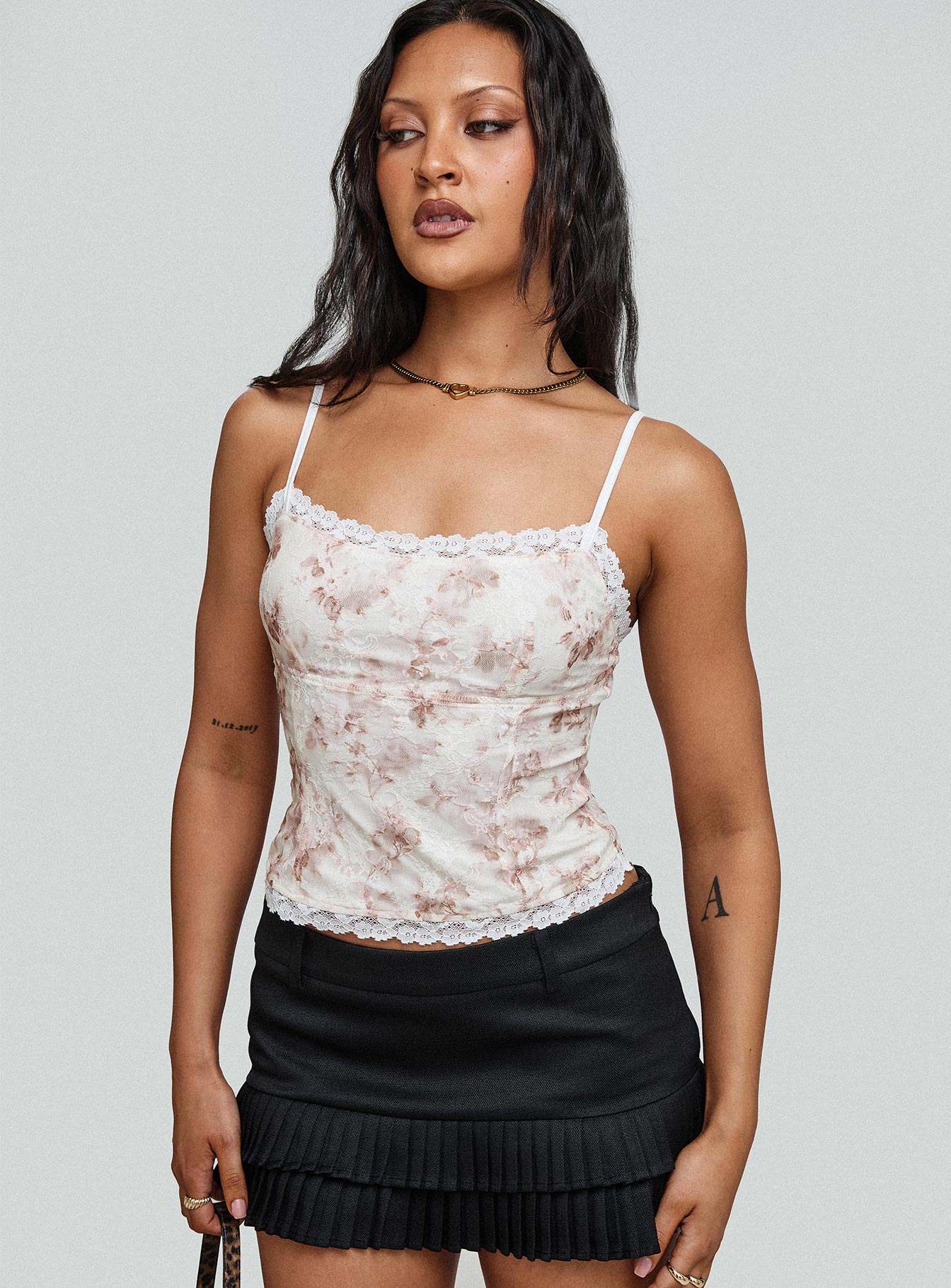 front view of model wearing Princess Polly Zachariah Cami Top White Floral Sleeveless Square Neck 