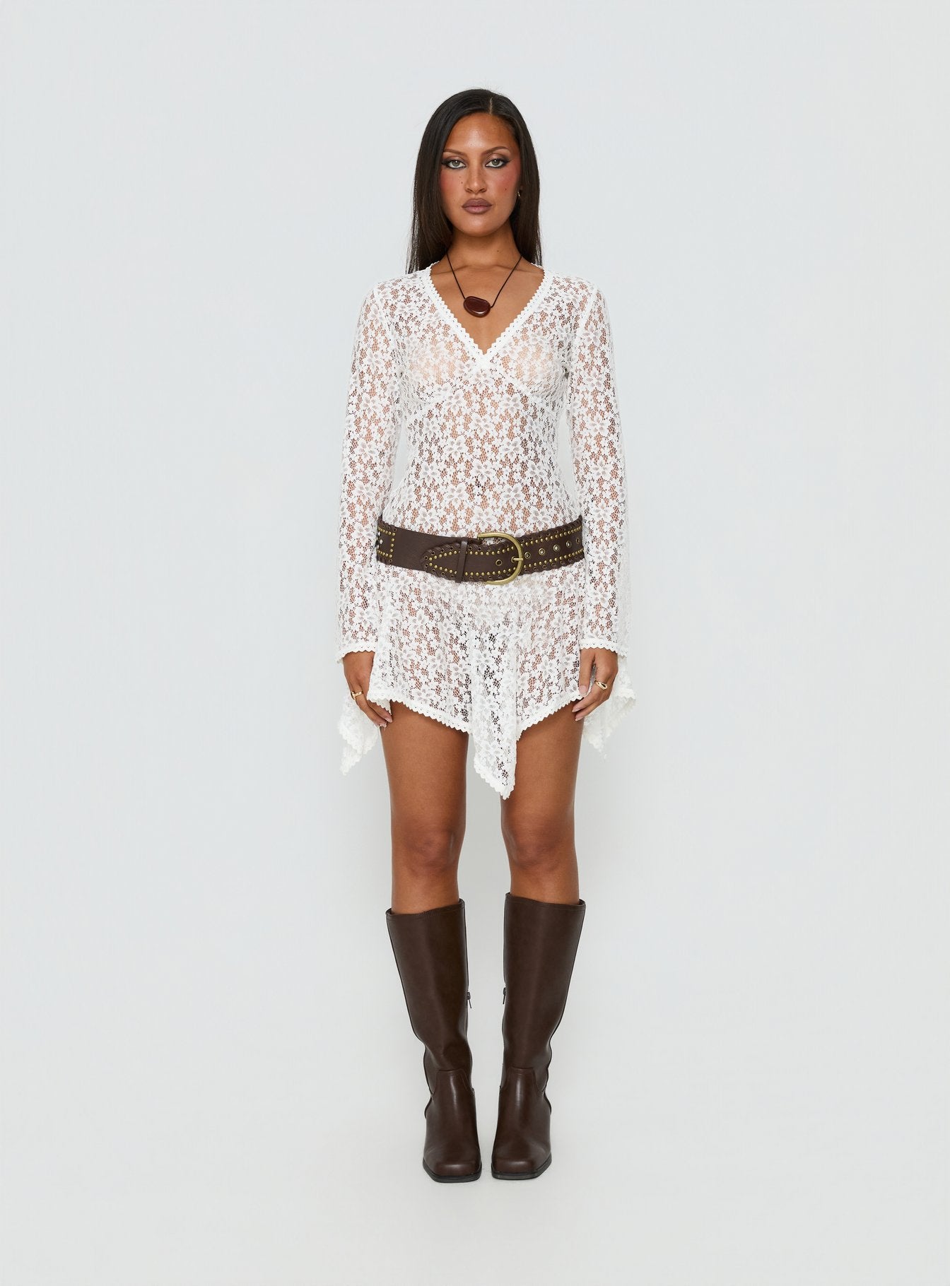Somanie Long Sleeve Lace Mini Dress White | Princess Polly