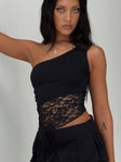 front view of model wearing Princess Polly Damarie One Shoulder Top Black Sleeveless Asymmetric Neckline 