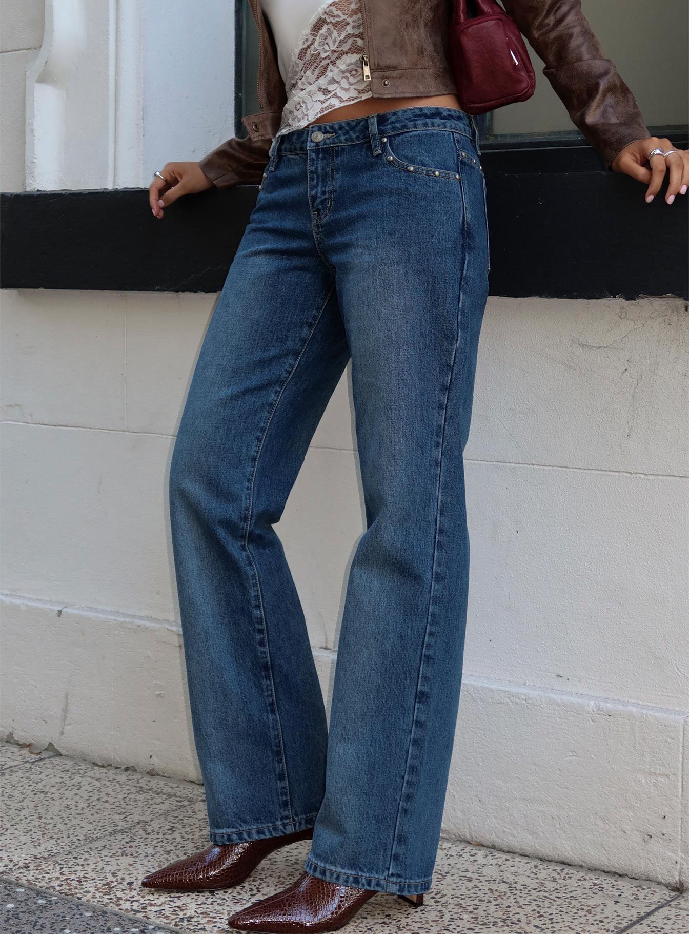 So Dazzling Studded Low Rise Straight Leg Jeans Dark Wash