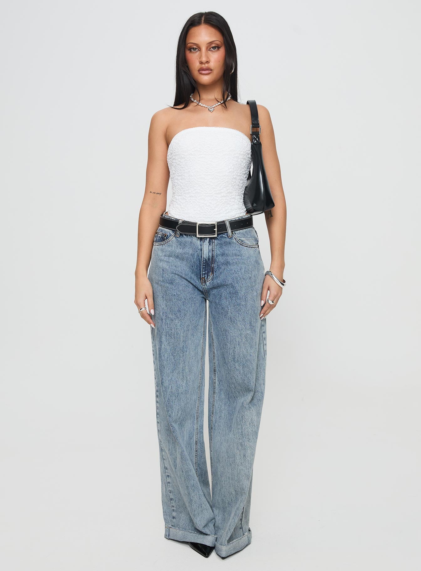 side view of model wearing Princess Polly Bristle Strapless Bodysuit White Sleeveless straight 