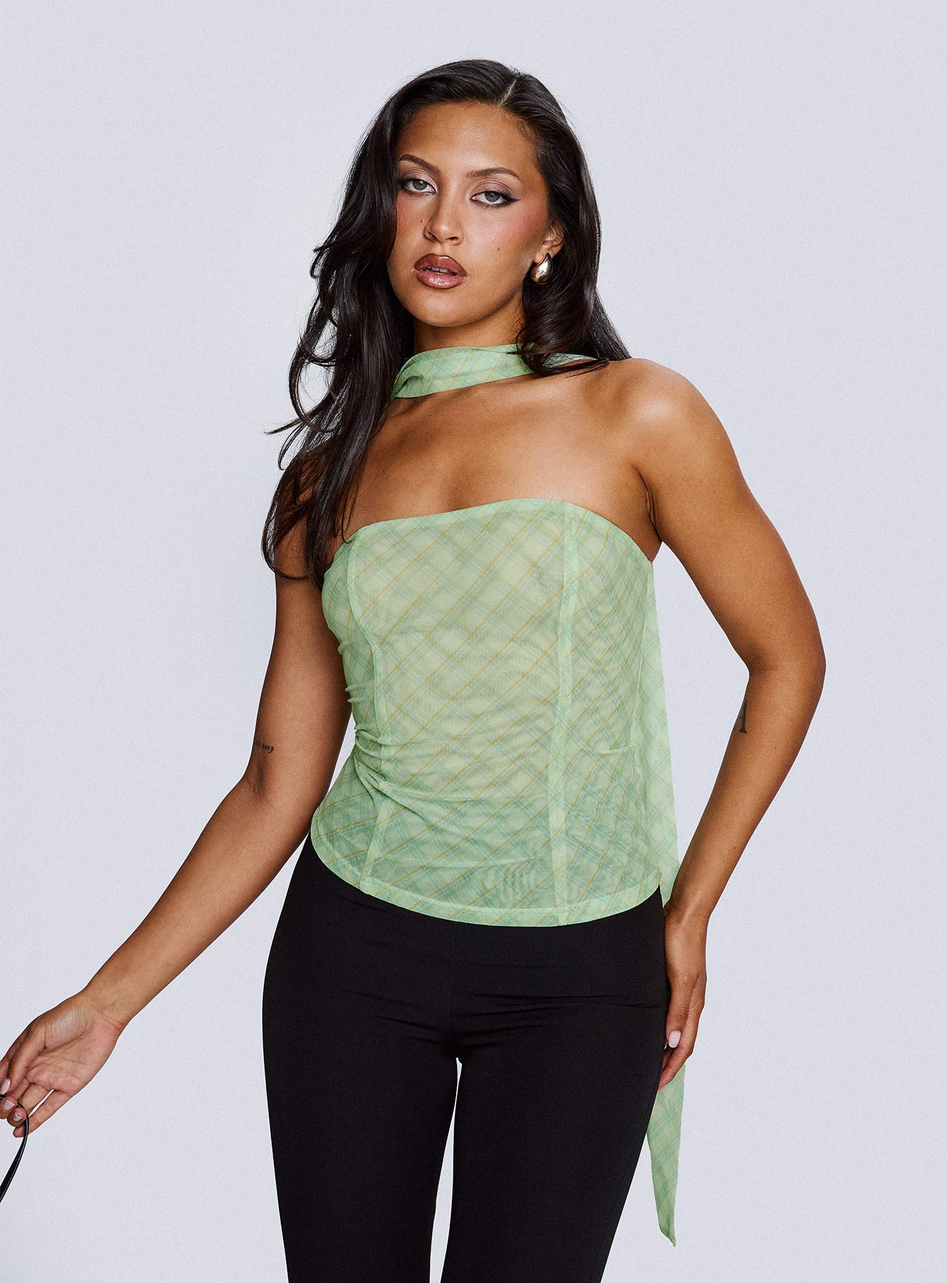 front view of model wearing Princess Polly No Comparison Neck Tie Strapless Top Green Check Sleeveless straight 