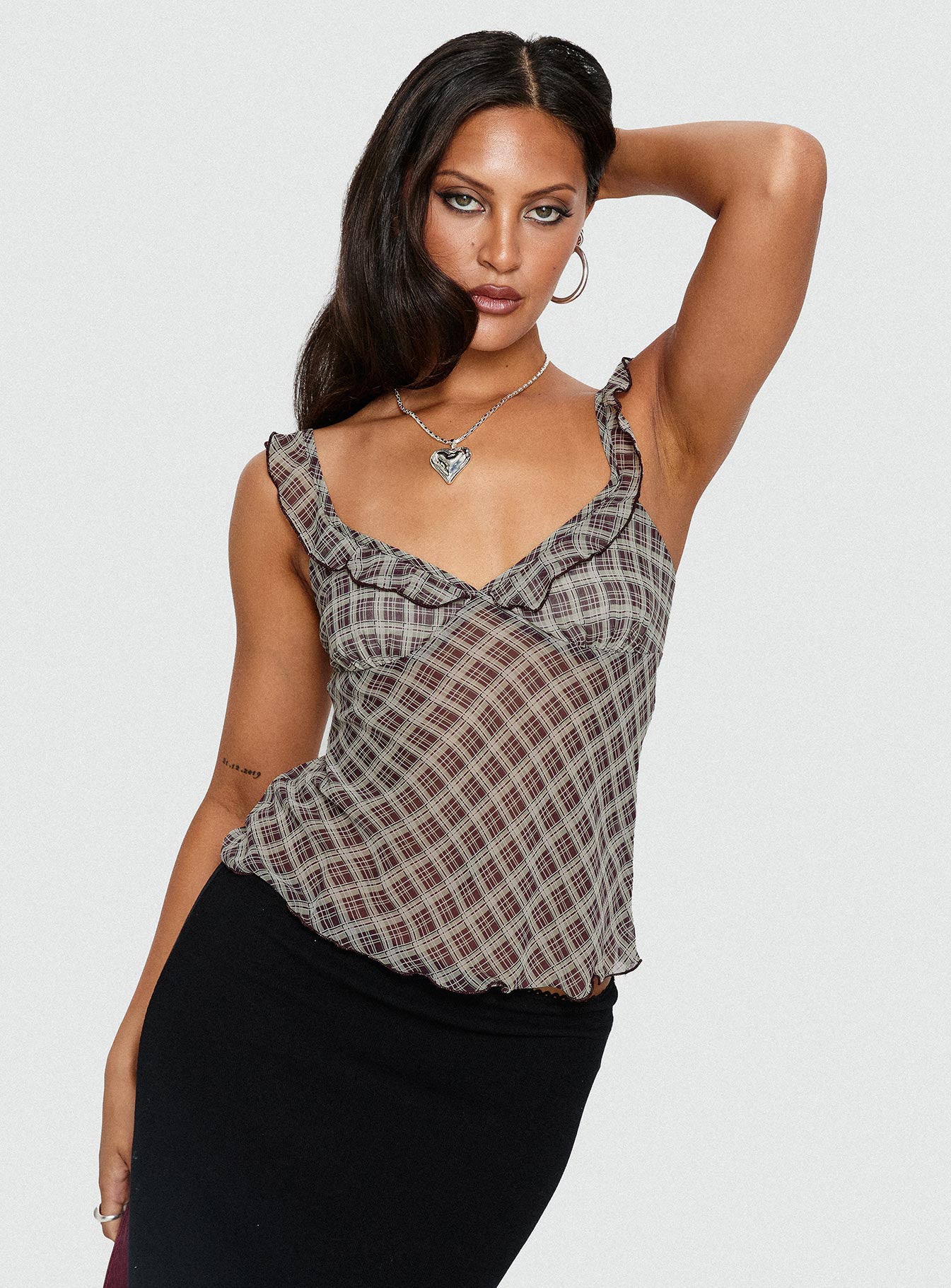 Zayliah Frill Detail Top Wine Check | Princess Polly