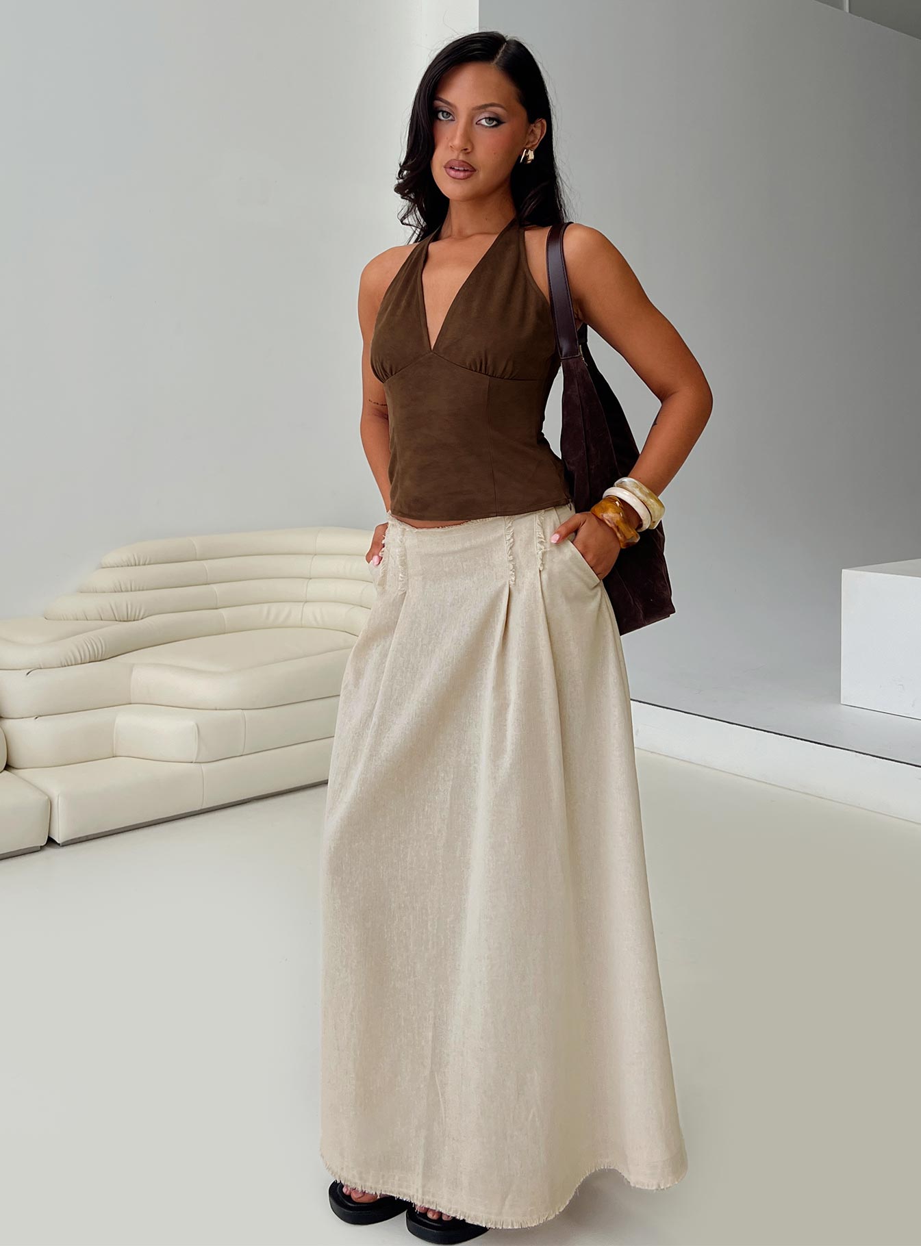   front view of model wearing Princess Polly Bohemian Spirit Maxi Skirt Beige Maxi 