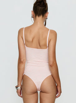 back view of model wearing Princess Polly Laryna Lace Bodysuit Pink Sleeveless 