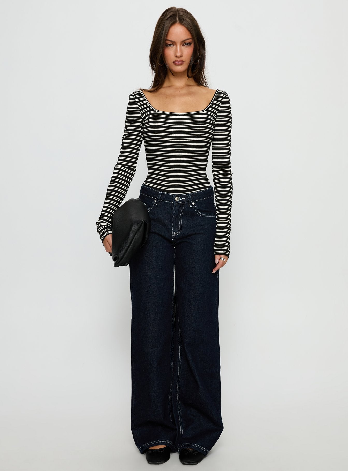 side view of model wearing Princess Polly Donica Square Neck Long Sleeve Bodysuit Grey Stripe Long Sleeve Tops 