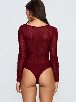 back view of model wearing Princess Polly Harly Sheer Long Sleeve Bodysuit Red Long Sleeve Tops 