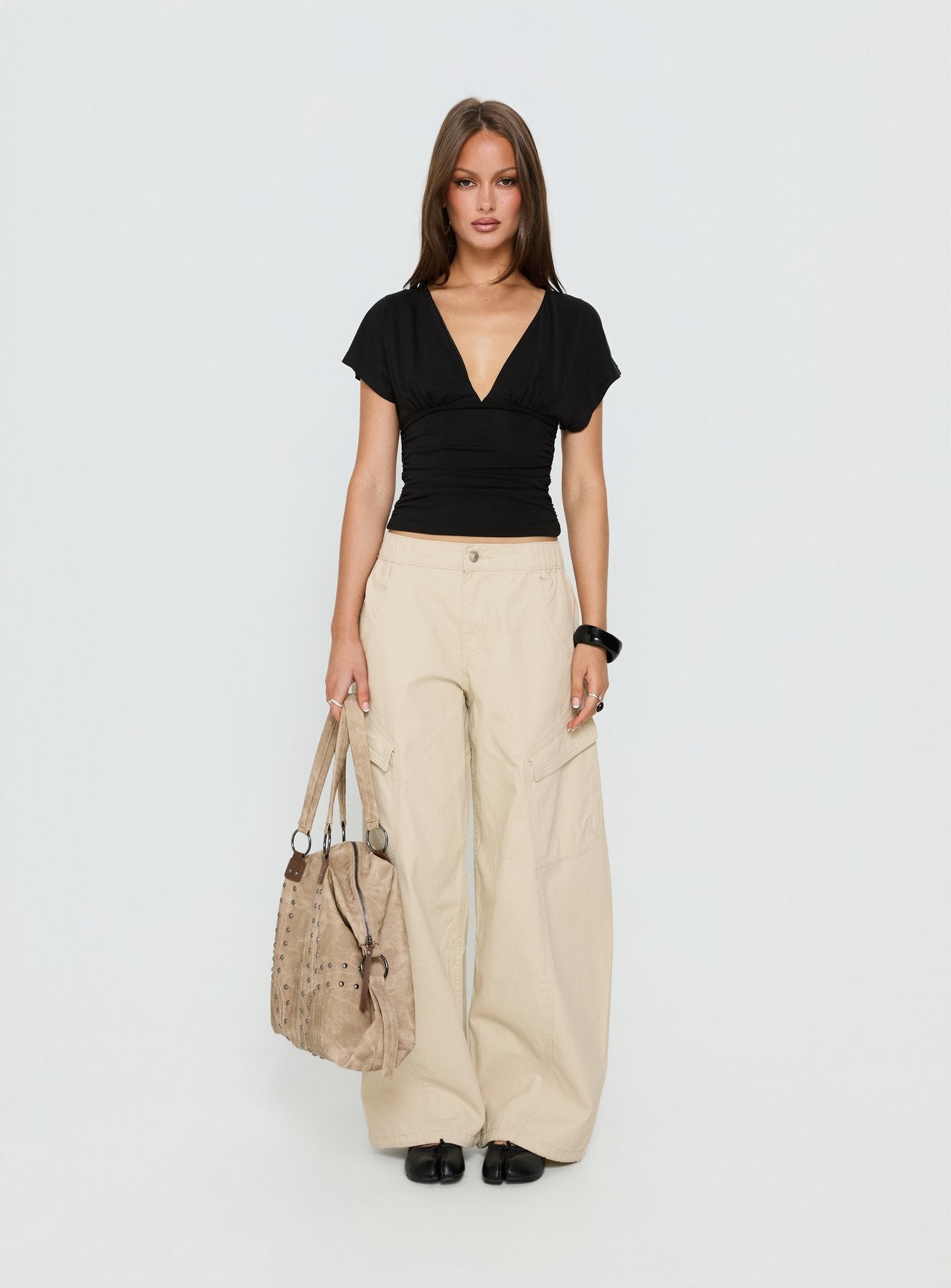 Selective Memory Low Rise Wide Leg Cargo Pants Cream