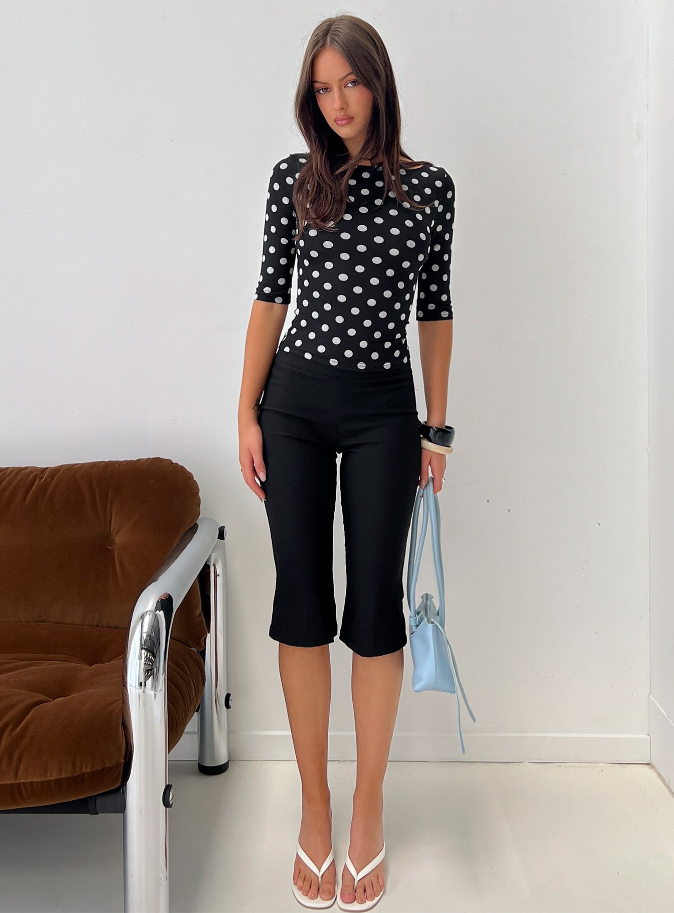 Venna 3/4 Sleeve Boat Neck Top Black / White Polka