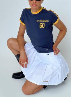 side view of model wearing Princess Polly UCSD Goalie Baby Tee Navy Short Sleeves Crew Neck 