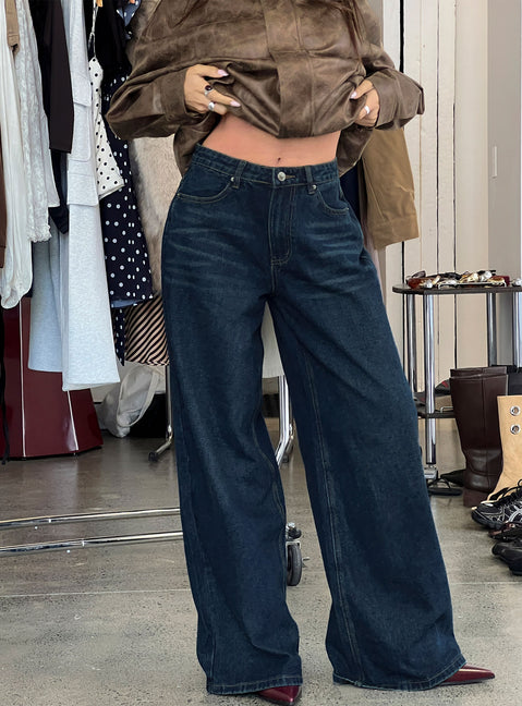 Naylor Mid Rise Wide Leg Jeans Mid Blue Denim