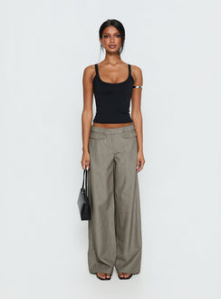 side view of model wearing Princess Polly Jette Tailored Buckle Pant Taupe Pinstripe Mid Rise Pants 