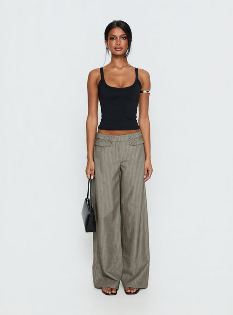 side view of model wearing Princess Polly Jette Tailored Buckle Pant Taupe Pinstripe Mid Rise Pants 