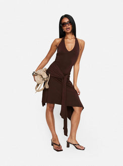 Moonlit Honey Asymmetrical Halter Jersey Midi Dress | Chocolate Moonlit Honey Asymmetrical Halter Jersey Midi Dress | Chocolate
