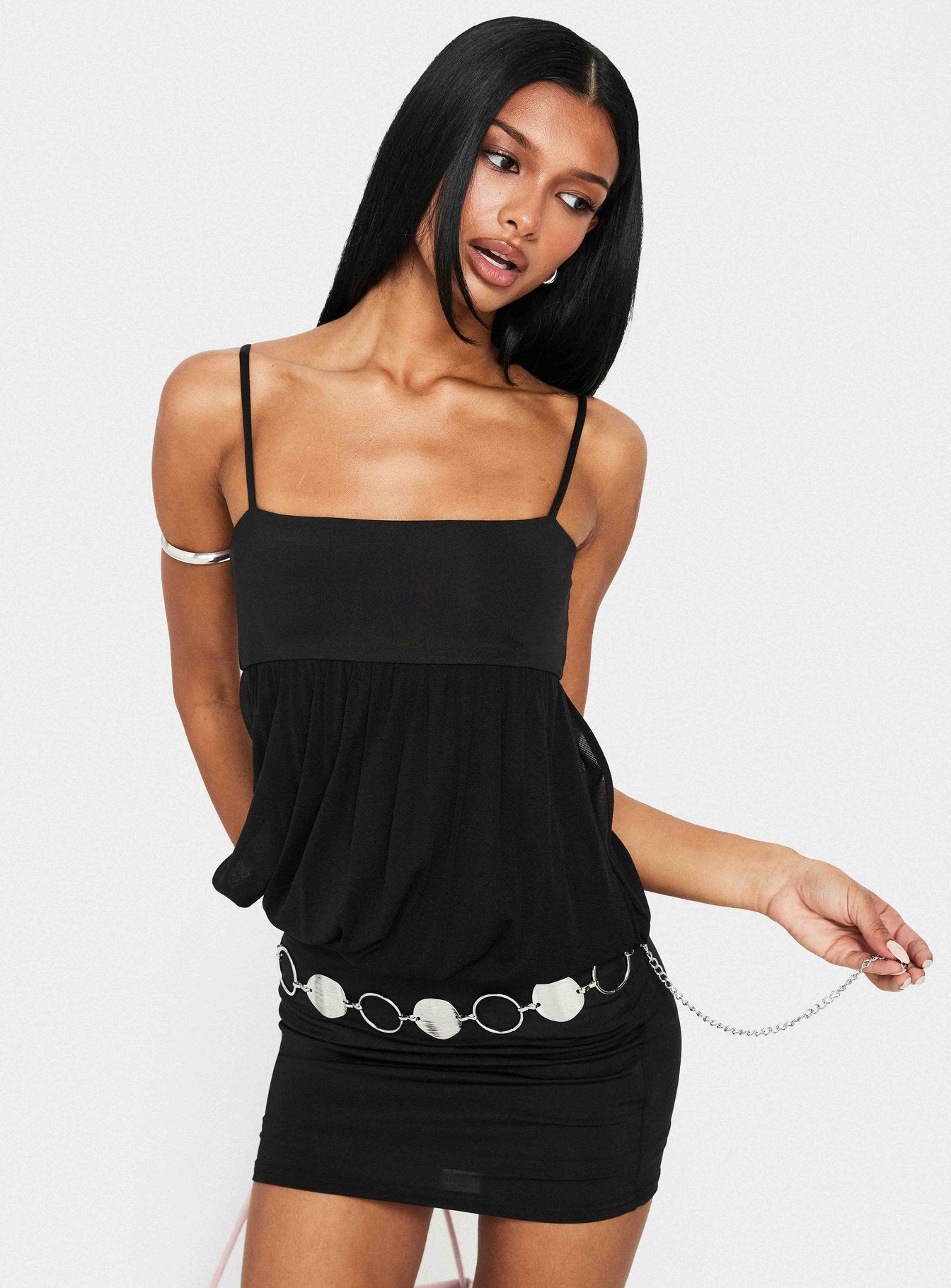 Franciska Sheer Blouson Mini Dress Black | Princess Polly