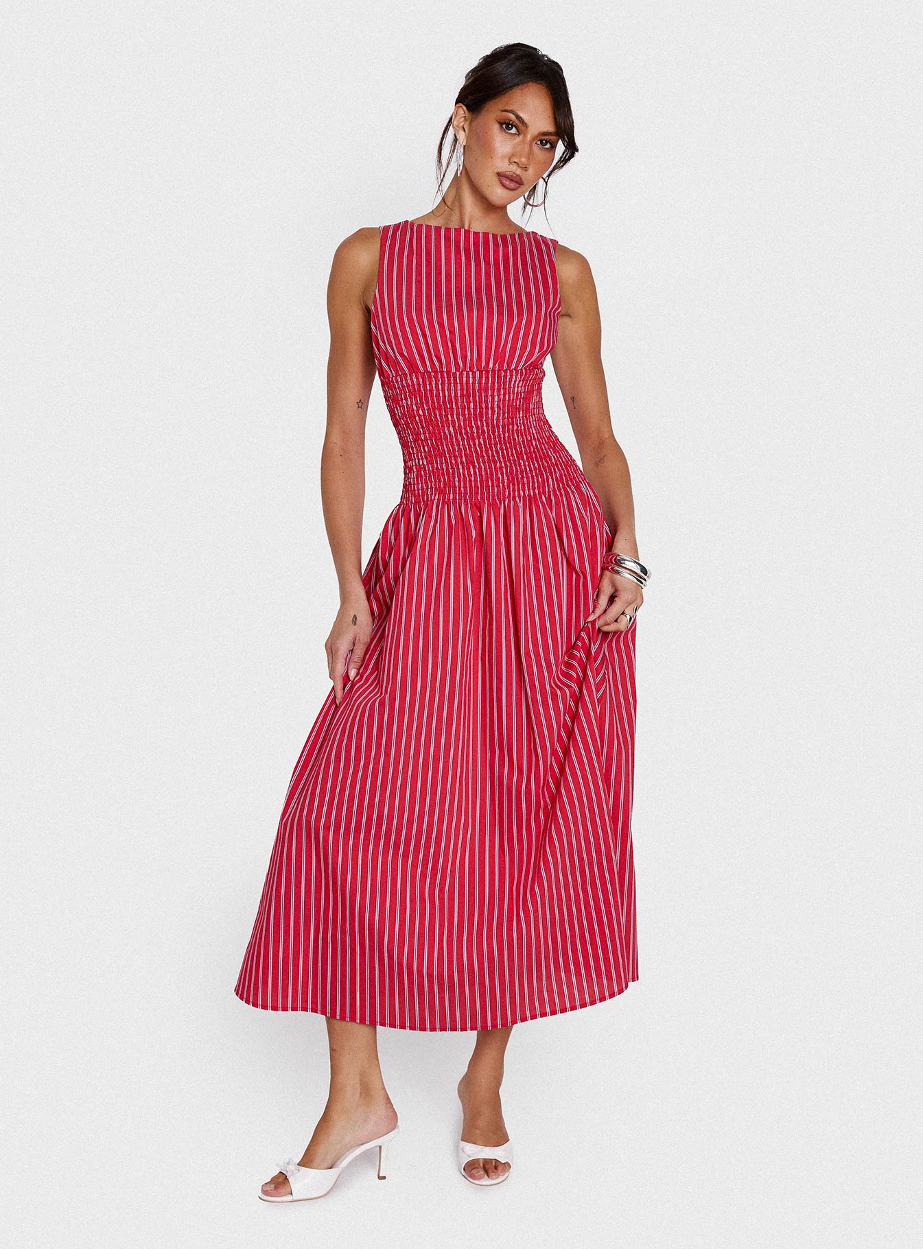 front view of model wearing Princess Polly Lilienne Cotton Poplin Maxi Dress Red Stripe Crew Neck 