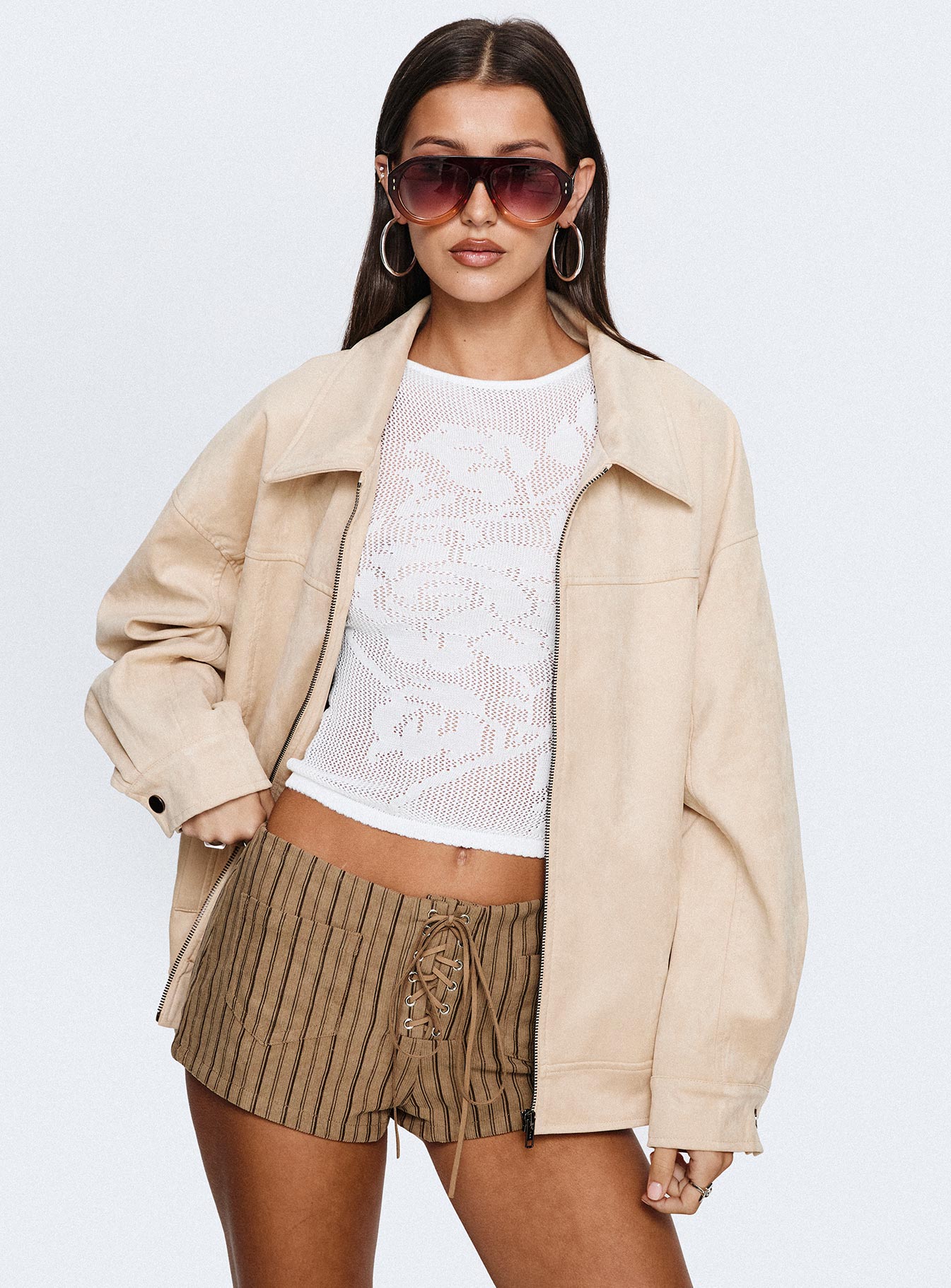 Goldsmith Faux Suede Bomber Jacket Beige | Princess Polly