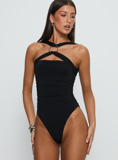 side view of model wearing Princess Polly Destanee Ring Detail Bodysuit Black Sleeveless 