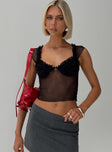 Black crop top Bustier style, capped sleeves, ruffle &amp; bow detail on bust