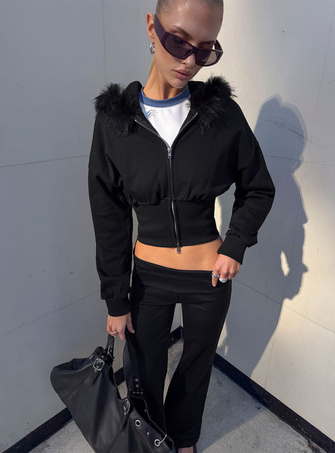 Crafted from the Ramonda Faux Fur Hooded Jumper Black womens-jumpers in short length detail view of model wearing Princess Polly