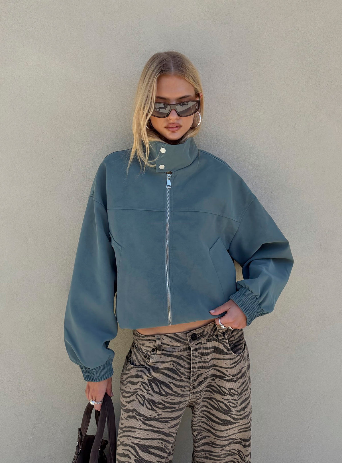 Ellissa Faux Suede Bomber Jacket Slate Blue