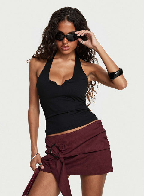   front view of model wearing Princess Polly Lowretta Faux Suede Belt Mini Skirt Burgundy Mini Skirts 