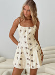 front view of model wearing Princess Polly Elian Linen Blend Mini Dress Cream / Multi Square Neck 