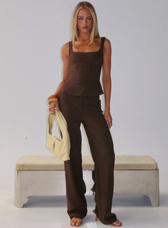 front view of model wearing Princess Polly Kinsie Tailored Pants Brown High Rise Pants 